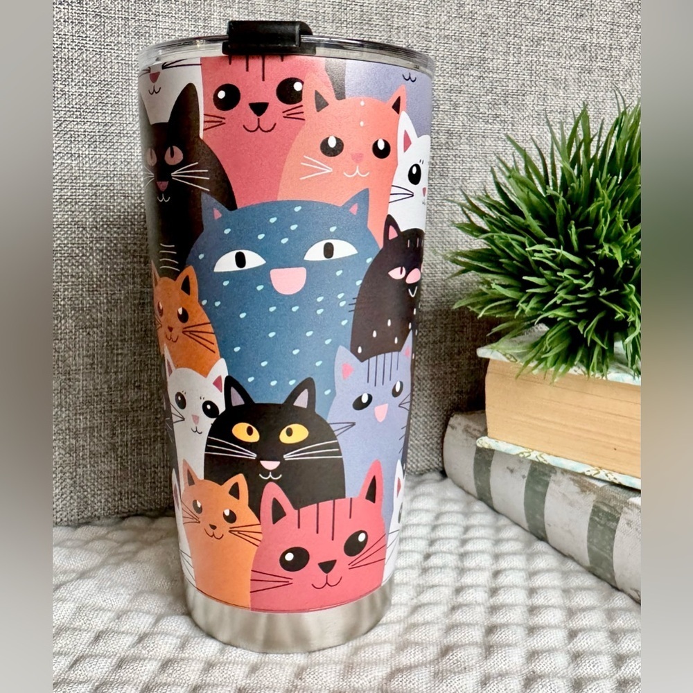 New Large Multicolor Cat Stainless Steel Metal Travel Mug Cup Tumbler 20oz.